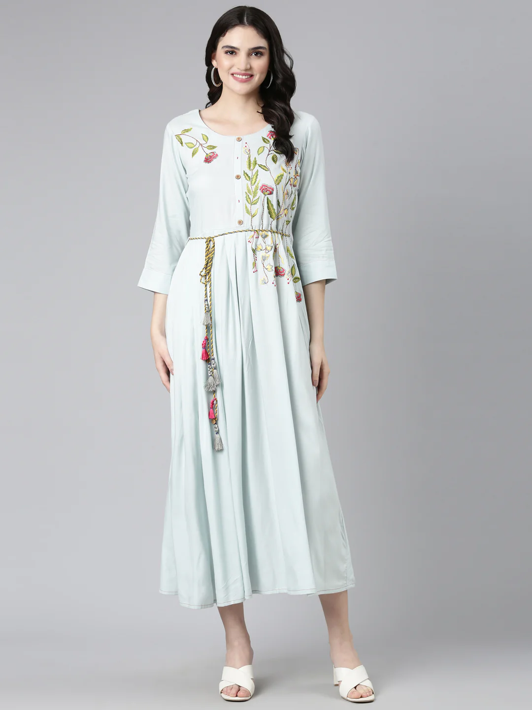 Neerus Blue Straight Casual Embroidered Gown - Image 5