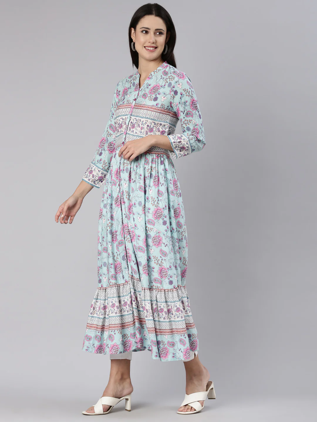 Neerus Blue Straight Casual Floral Dress - Image 2