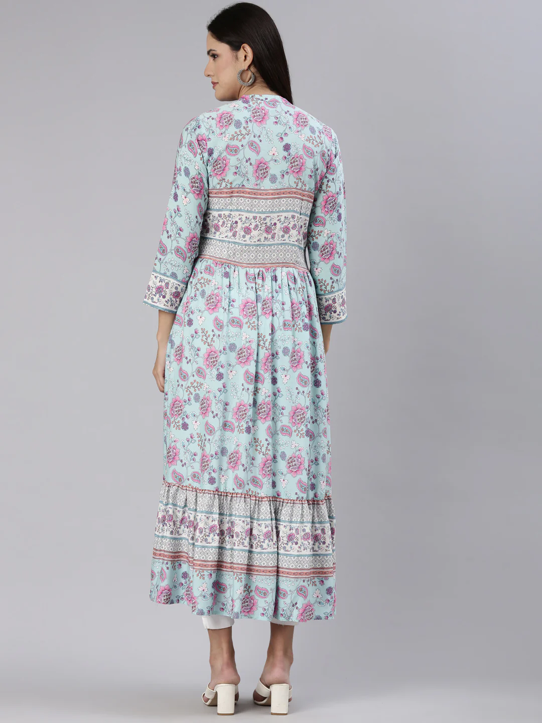 Neerus Blue Straight Casual Floral Dress - Image 3