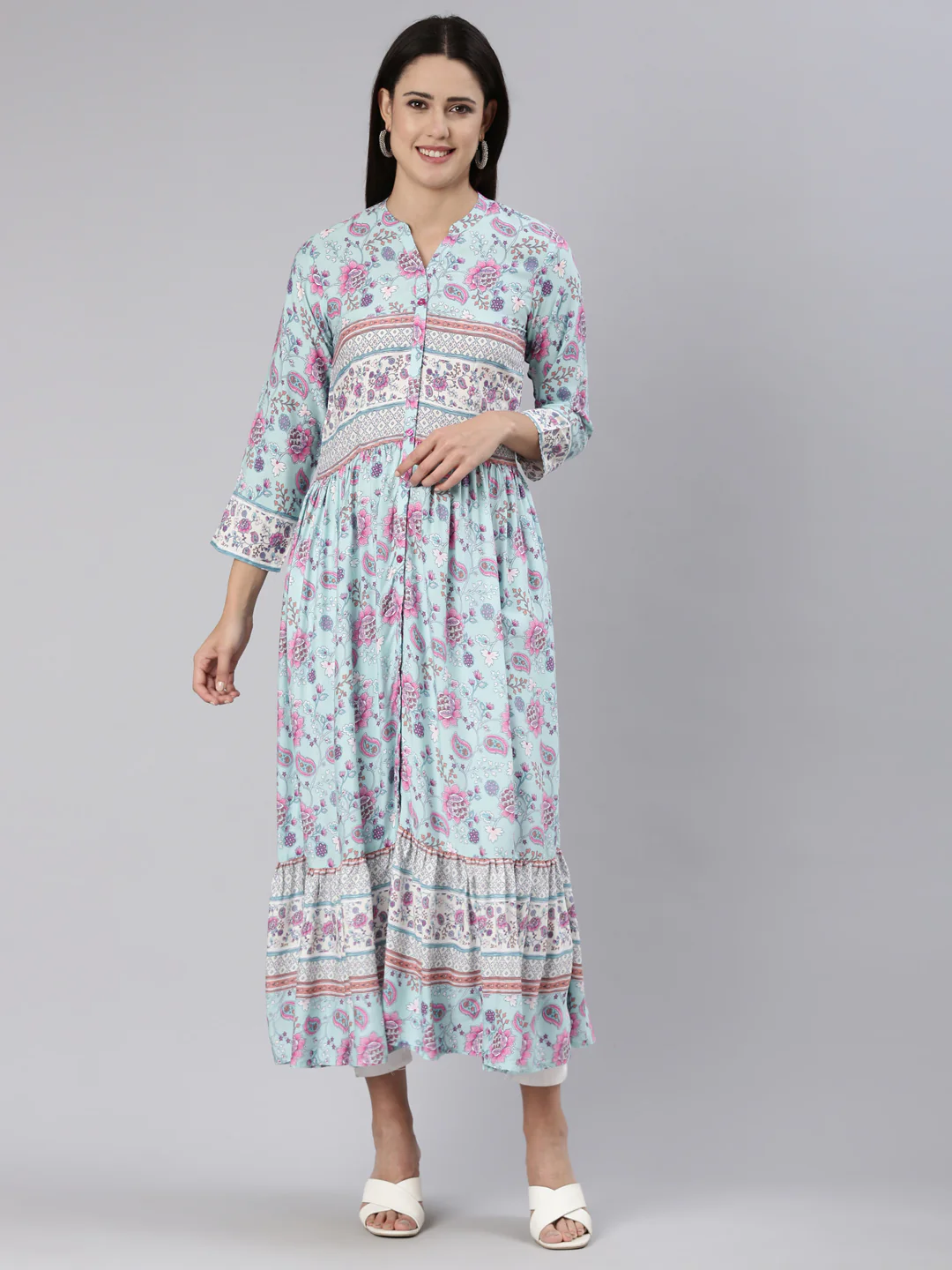 Neerus Blue Straight Casual Floral Dress - Image 5