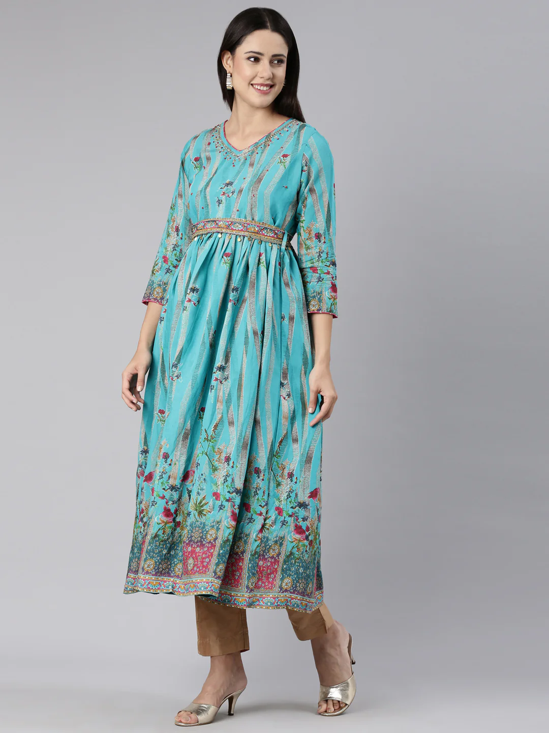 Neerus Blue Straight Casual Floral Dress - Image 2