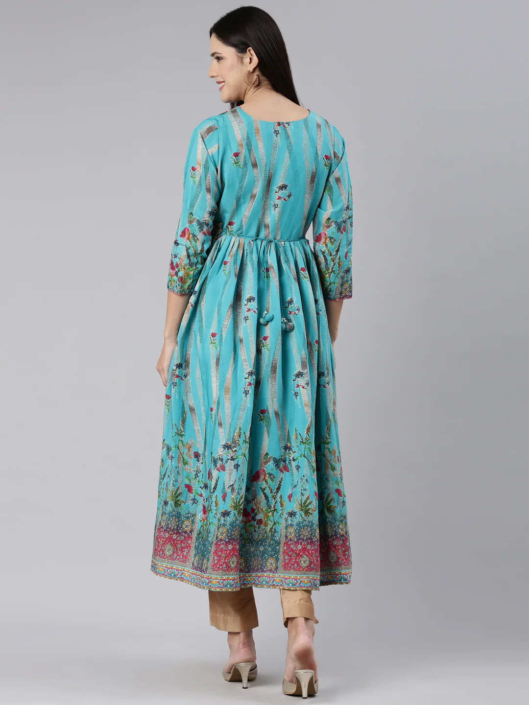 Neerus Blue Straight Casual Floral Dress - Image 3