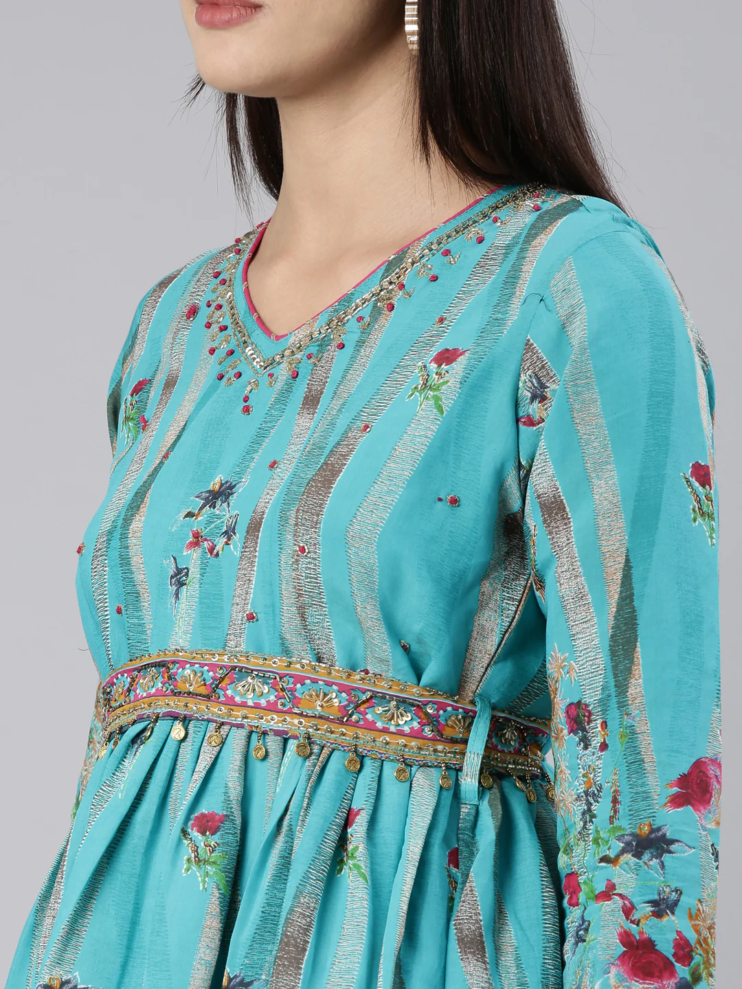 Neerus Blue Straight Casual Floral Dress - Image 4