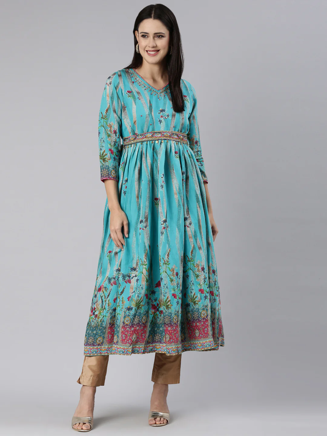 Neerus Blue Straight Casual Floral Dress - Image 5