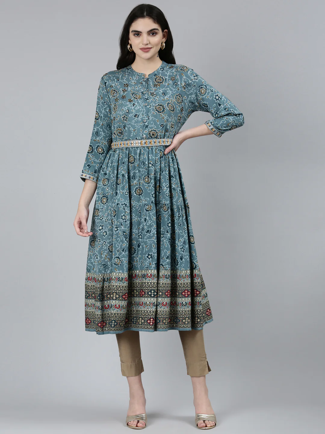 Neerus Blue Straight Casual Floral Dresses