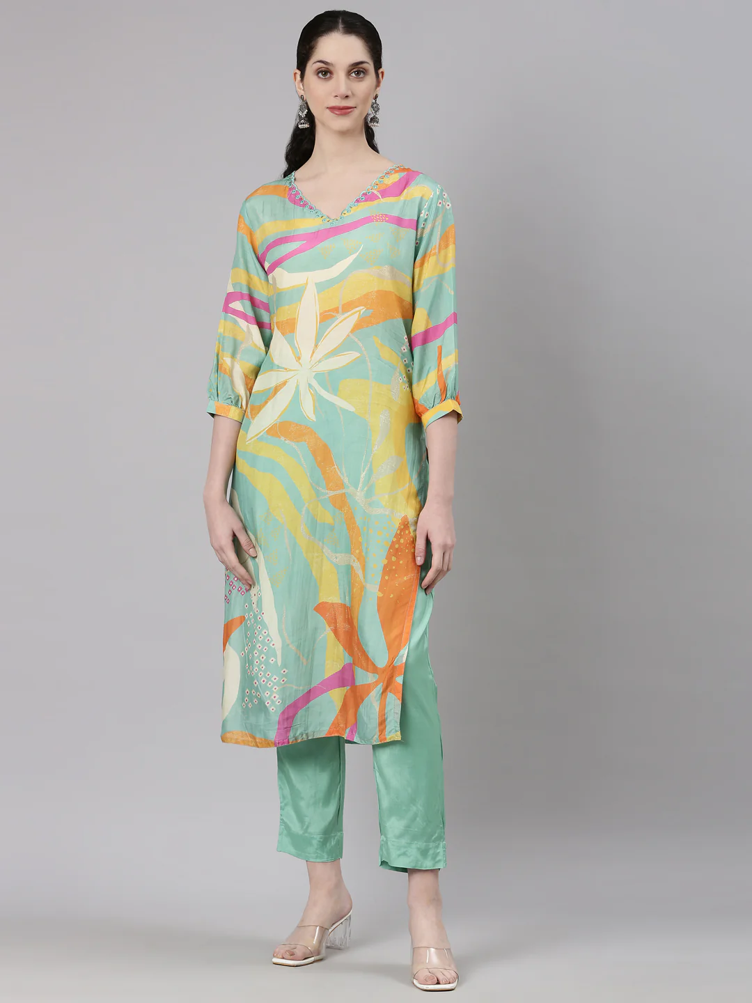 Neerus Blue Straight Casual Floral Kurta and Trouser