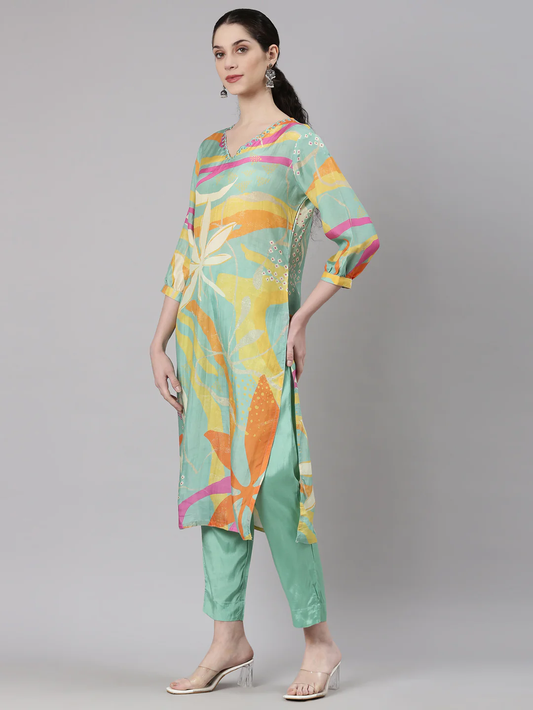 Neerus Blue Straight Casual Floral Kurta and Trouser - Image 2
