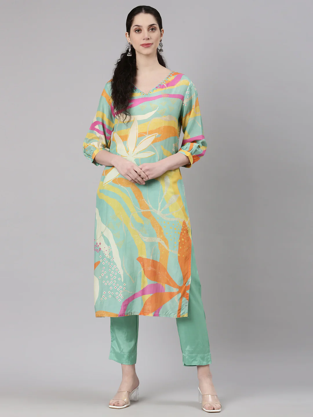 Neerus Blue Straight Casual Floral Kurta and Trouser - Image 6