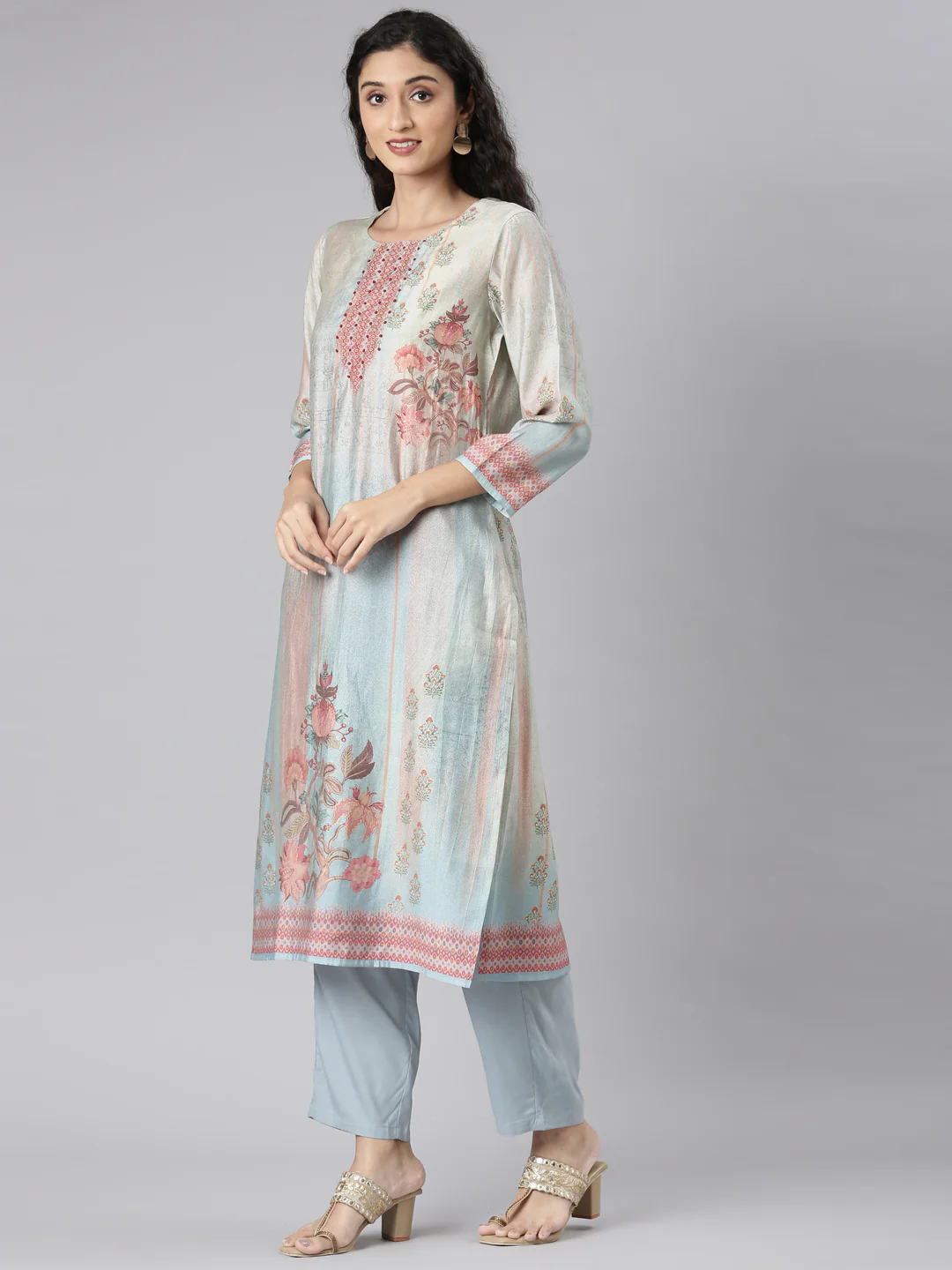 Neerus Blue Straight Casual Floral Kurta and Trouser with Dupatta - Image 2