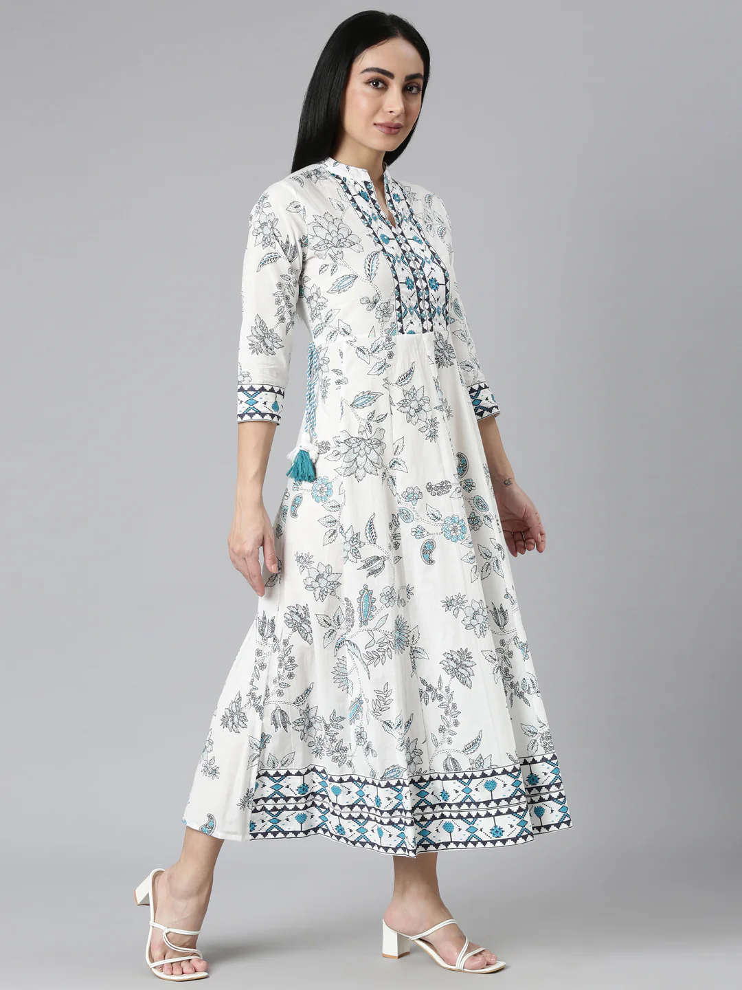 Neerus Blue Straight Casual Floral Maxi Dresses - Image 2
