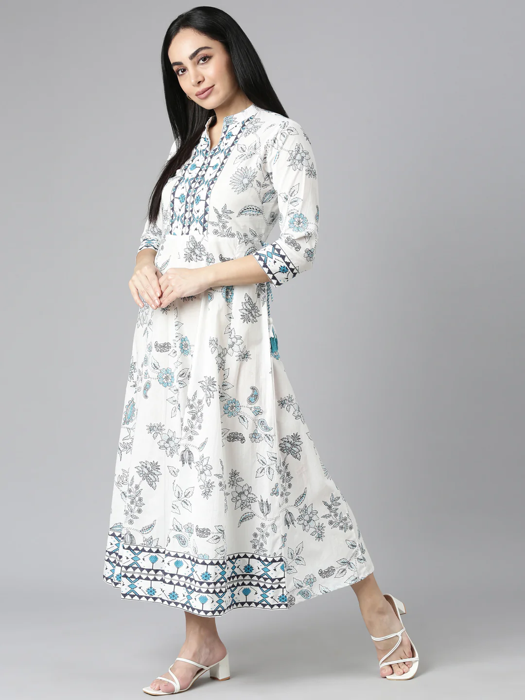Neerus Blue Straight Casual Floral Maxi Dresses - Image 5
