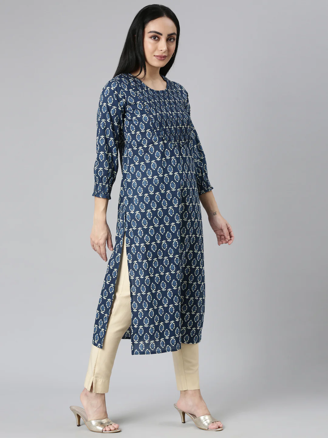 Neerus Blue Straight Casual Floral Straight Kurta - Image 2