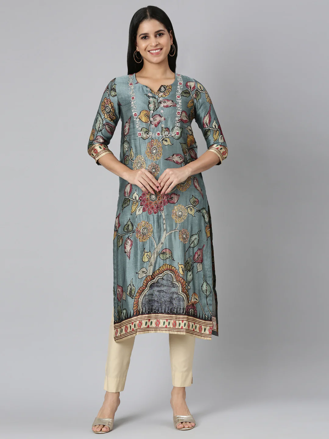 Neerus Blue Straight Casual Floral Straight Kurta