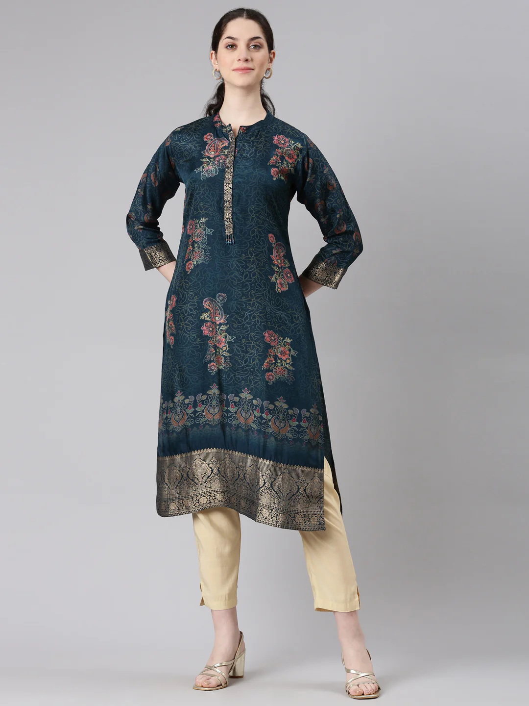 Neerus Blue Straight Casual Floral Panelled Kurta