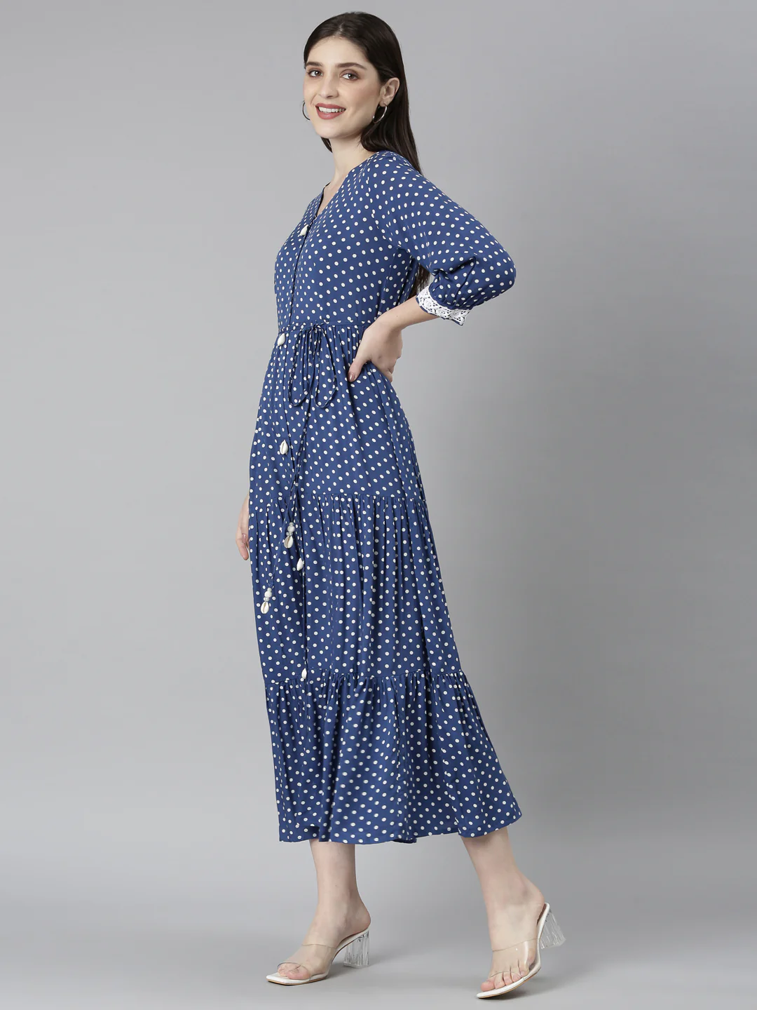 Neerus Blue Straight Casual Polka Dots Dresses - Image 2