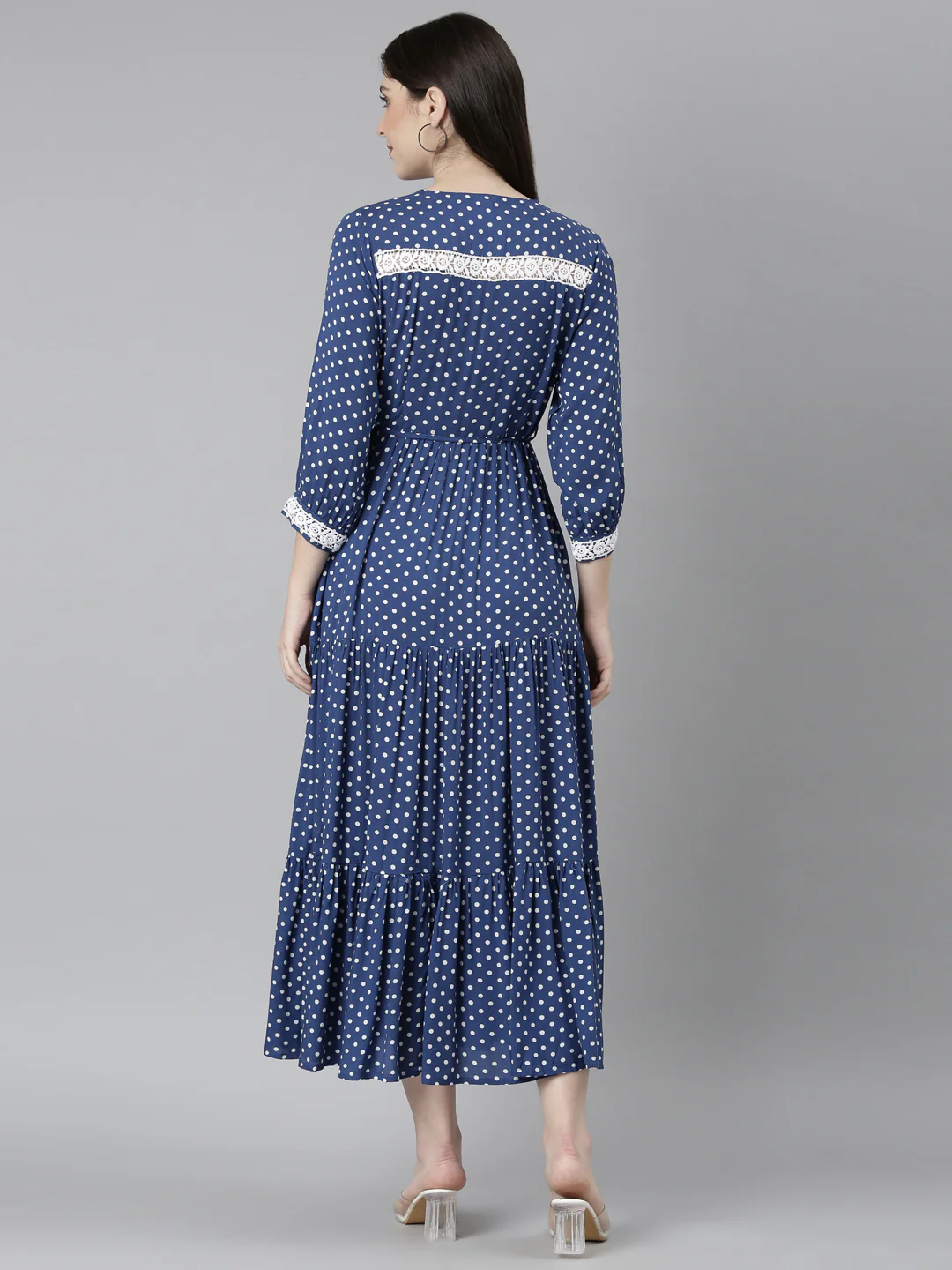 Neerus Blue Straight Casual Polka Dots Dresses - Image 4