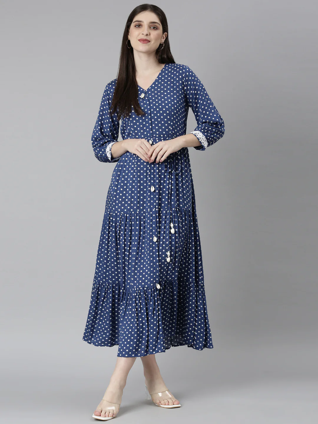 Neerus Blue Straight Casual Polka Dots Dresses - Image 5