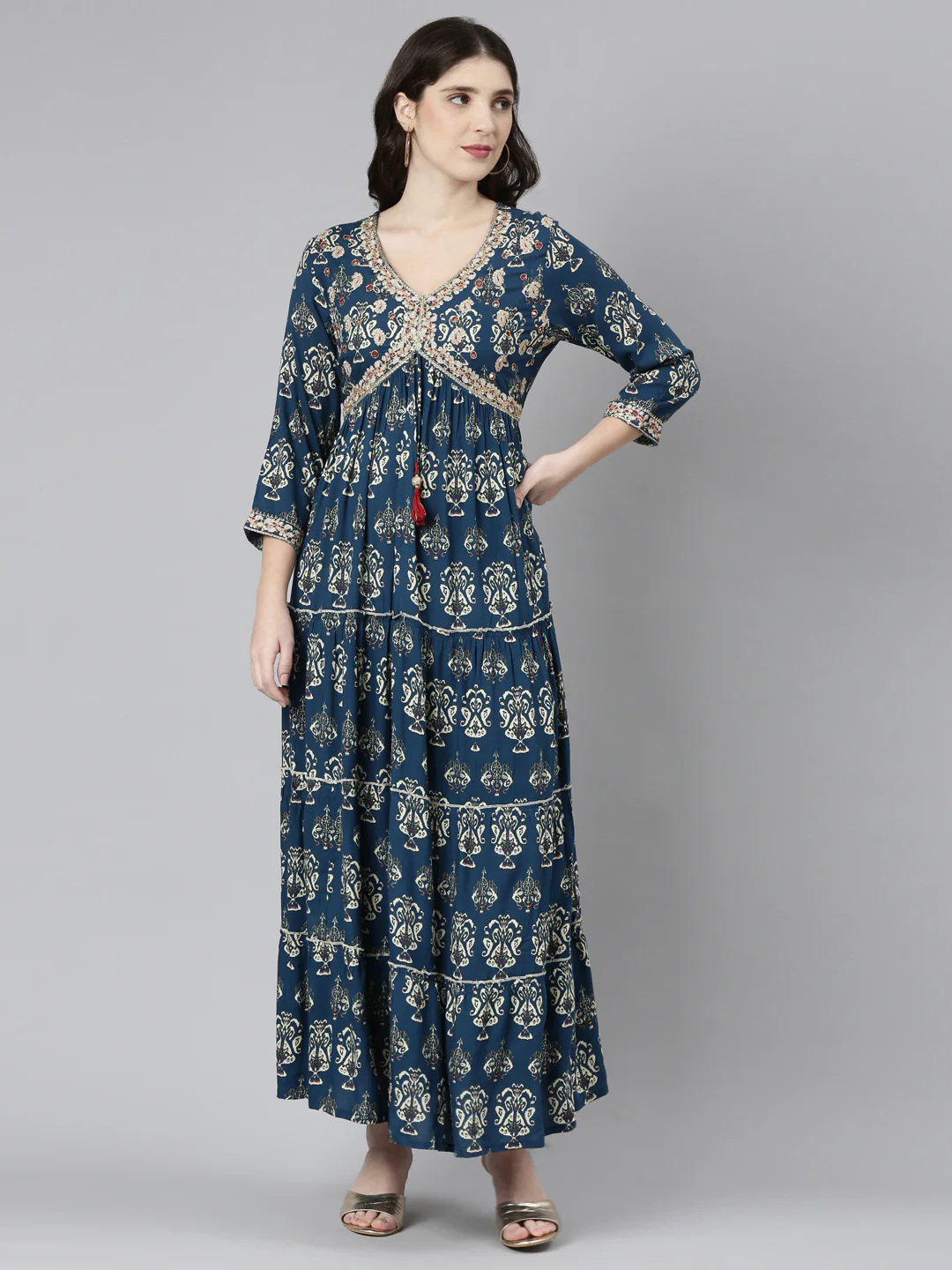 Neerus Blue Straight Casual Printed Gown