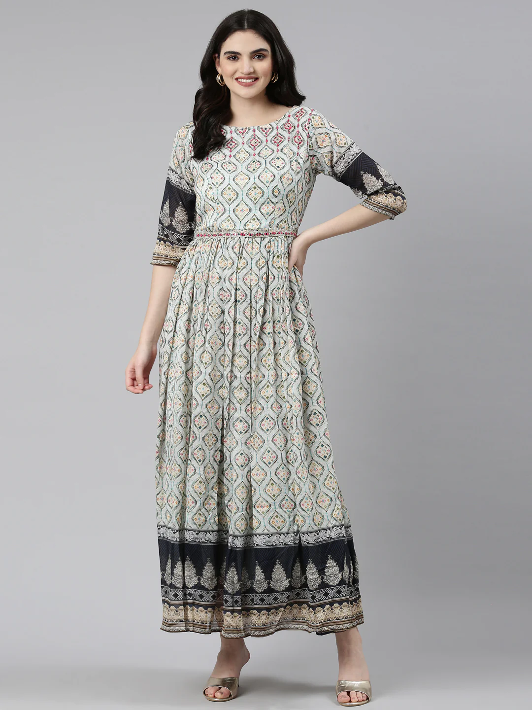 Neerus Blue Straight Casual Printed Dress - Image 5