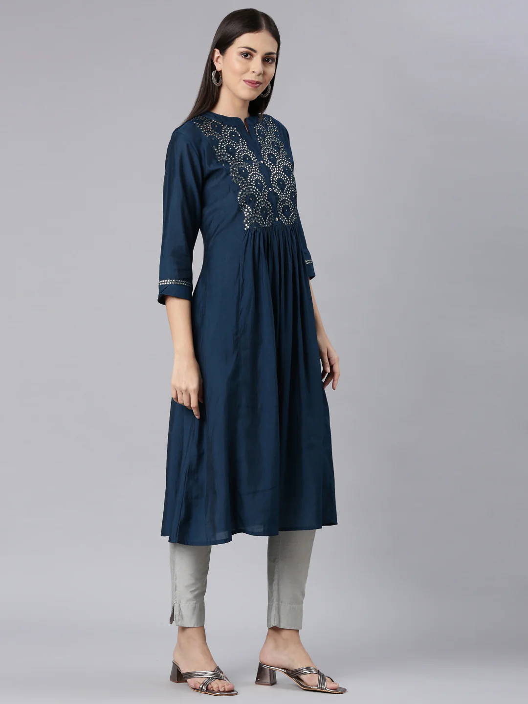 Neerus Blue Straight Casual Solid Anarkali Kurta - Image 3
