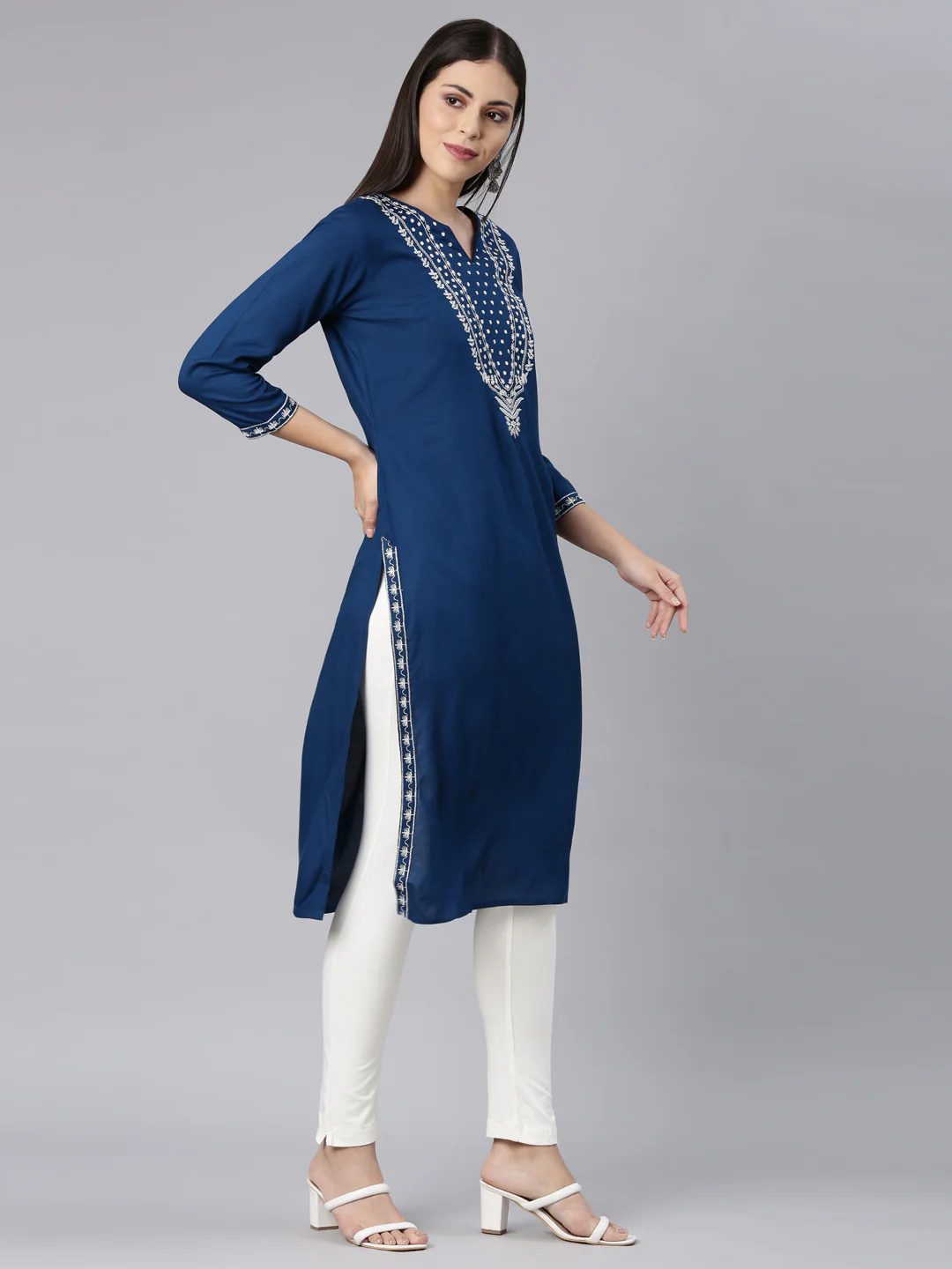 Neerus Blue Straight Casual Solid Straight Kurta - Image 3