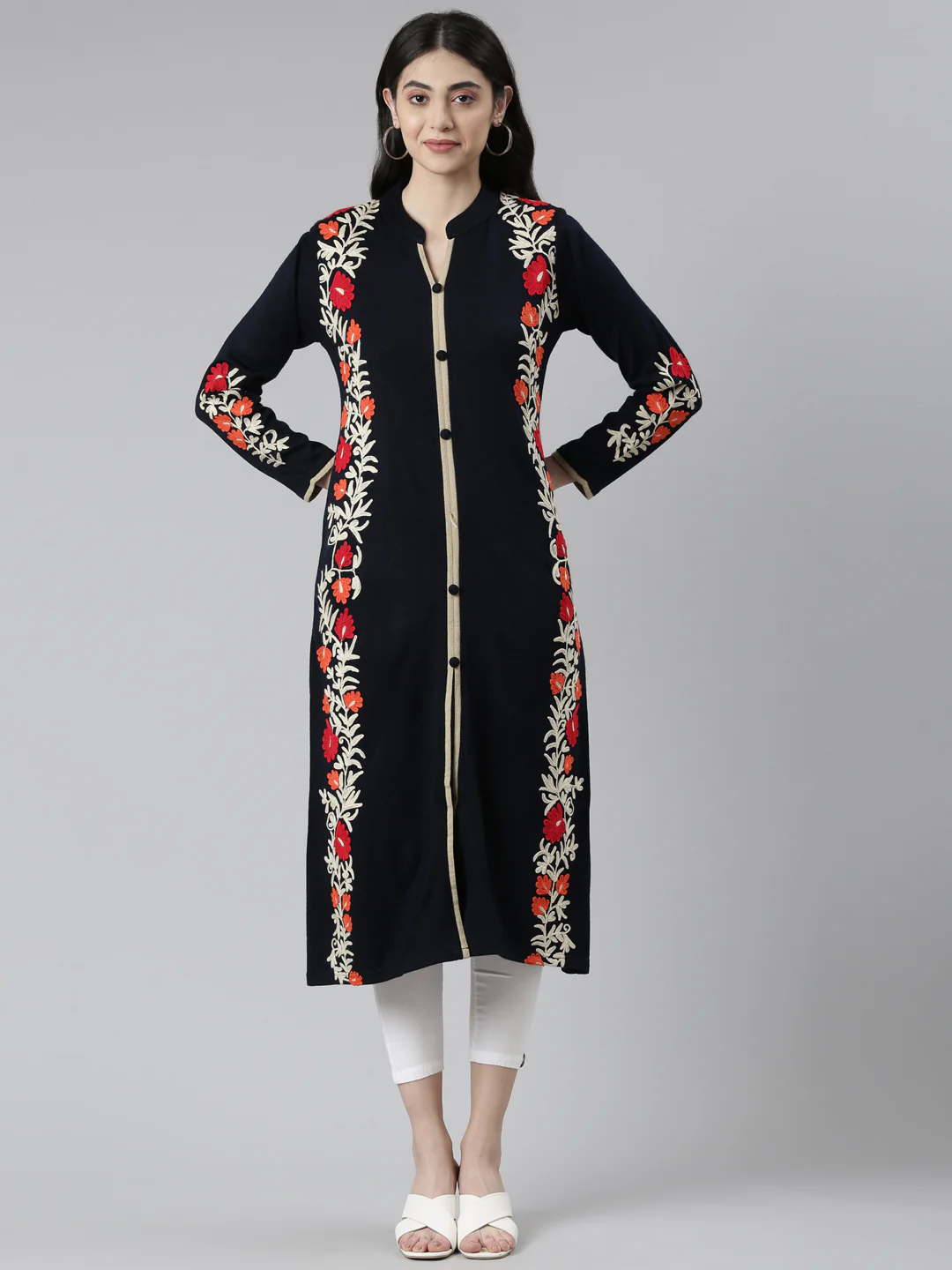Neerus Blue Straight Embroidered Cotton Wool Kurta