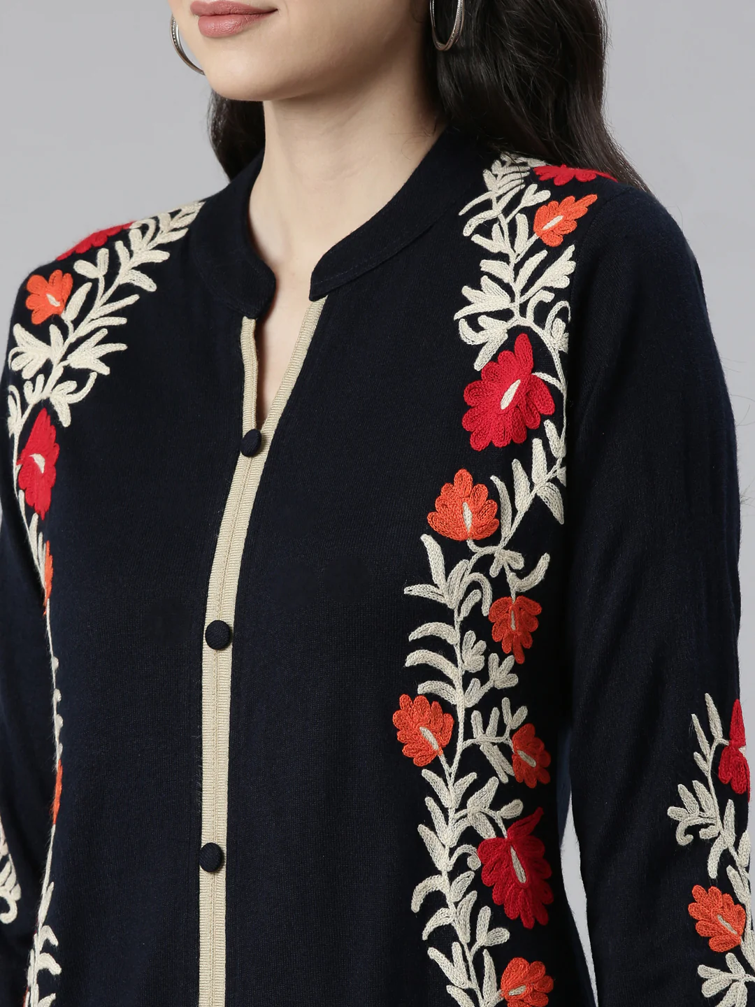 Neerus Blue Straight Embroidered Cotton Wool Kurta - Image 4