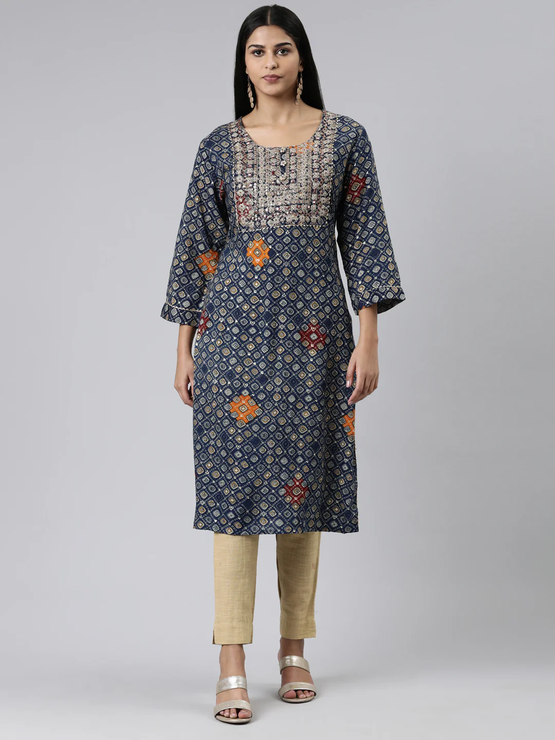 Neerus Blue Straight Embroidered Viscose Rayon Kurta