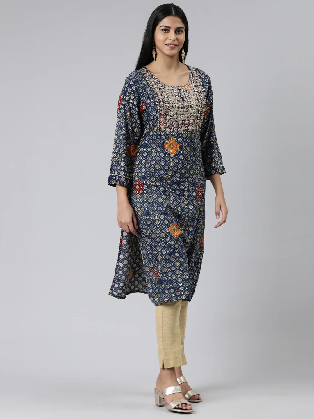 Neerus Blue Straight Embroidered Viscose Rayon Kurta - Image 2