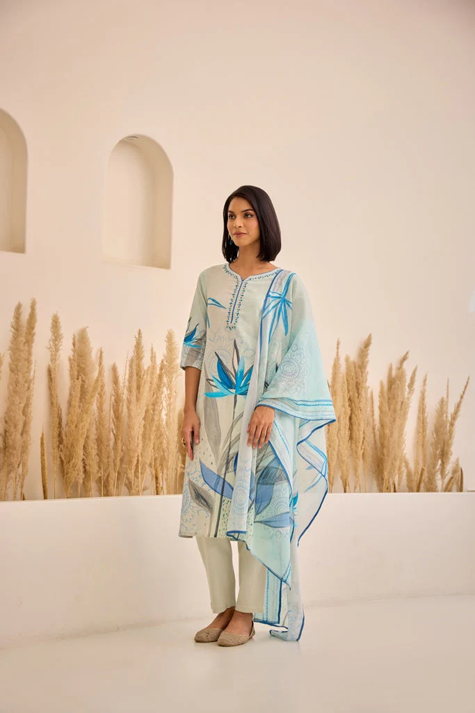 Neerus Blue Straight Floral Kurta And Trousers With Dupatta - Image 2