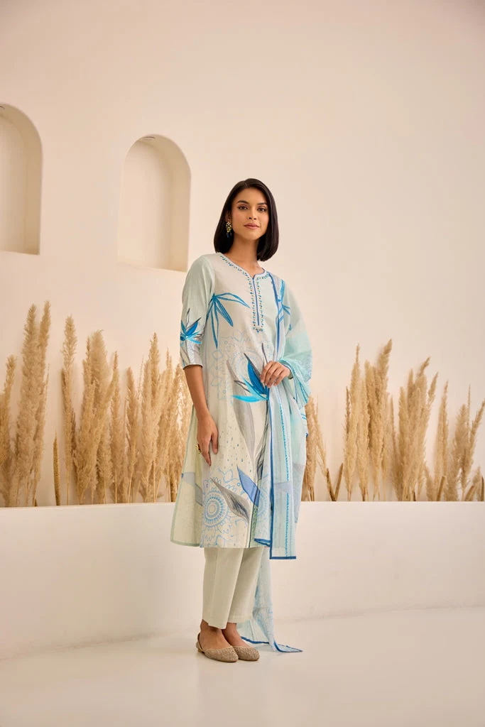 Neerus Blue Straight Floral Kurta And Trousers With Dupatta - Image 3