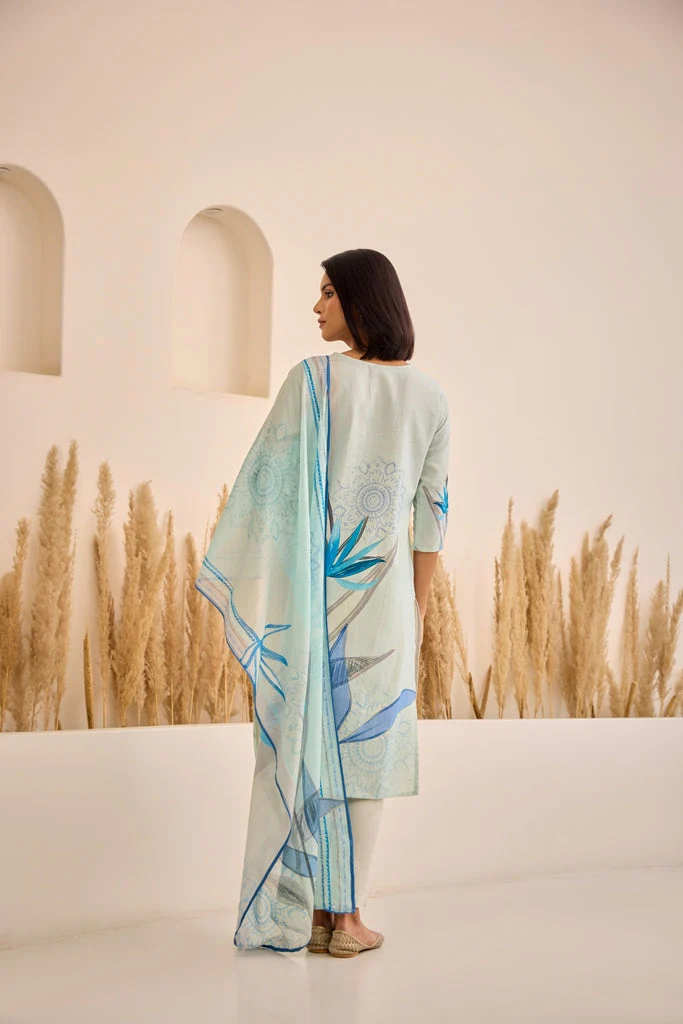 Neerus Blue Straight Floral Kurta And Trousers With Dupatta - Image 4