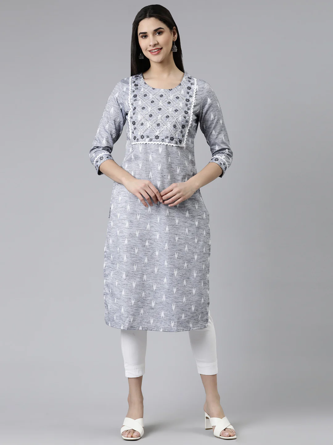 Neerus Blue Straight Printed Cotton Kurta