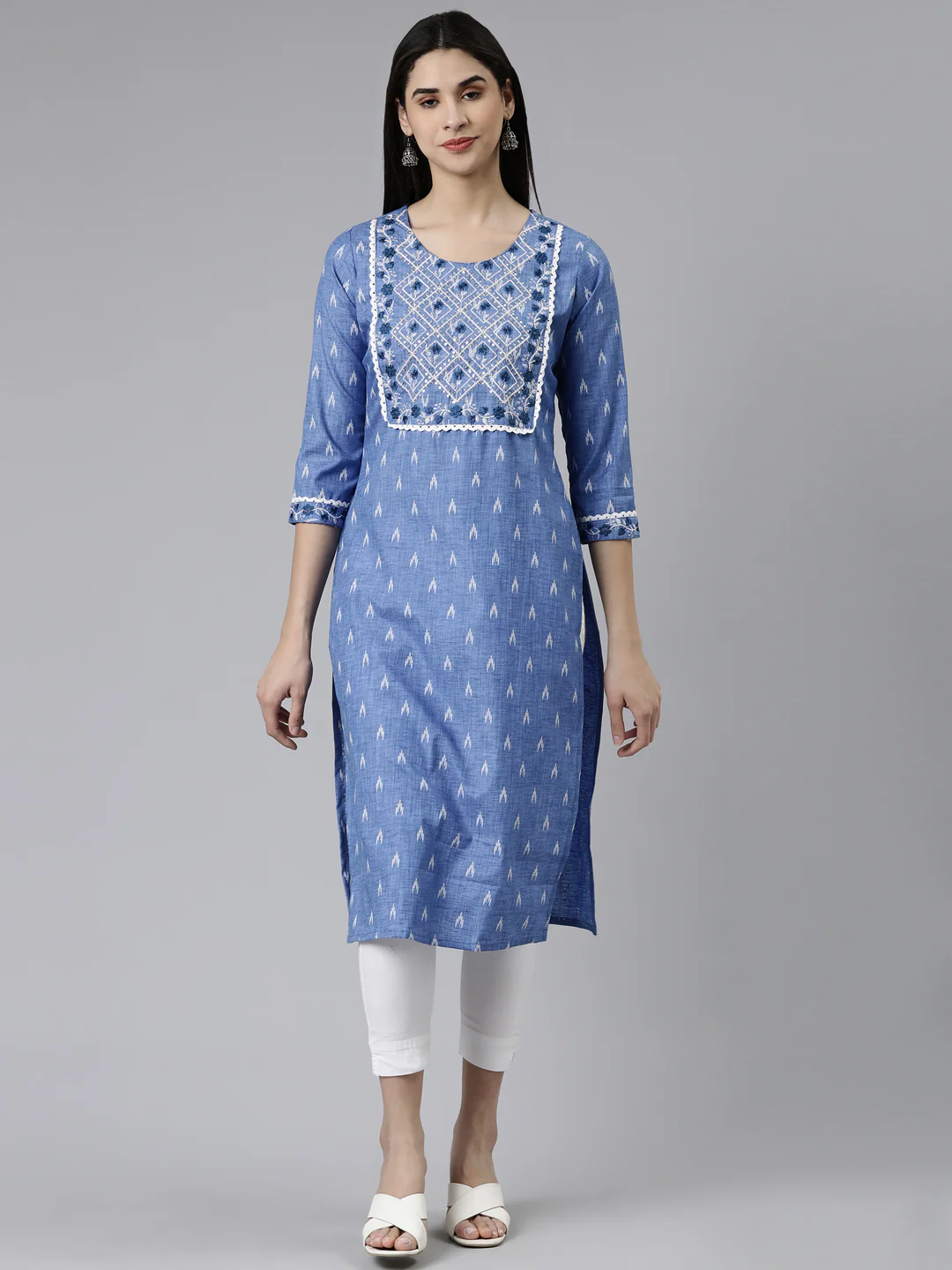 Neerus Blue Straight Printed Cotton Kurta