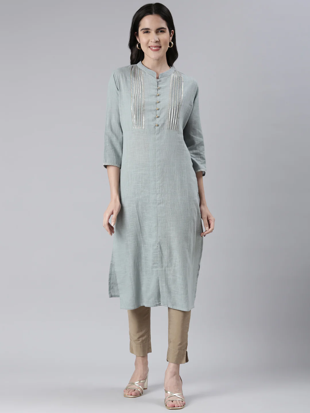 Neerus Blue Straight Solid Cotton Kurta