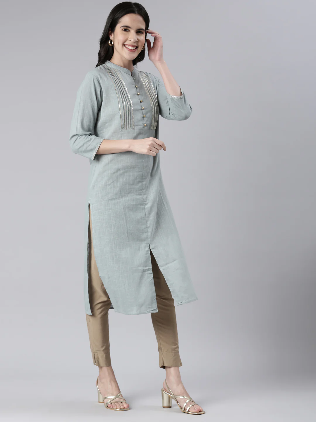 Neerus Blue Straight Solid Cotton Kurta - Image 2