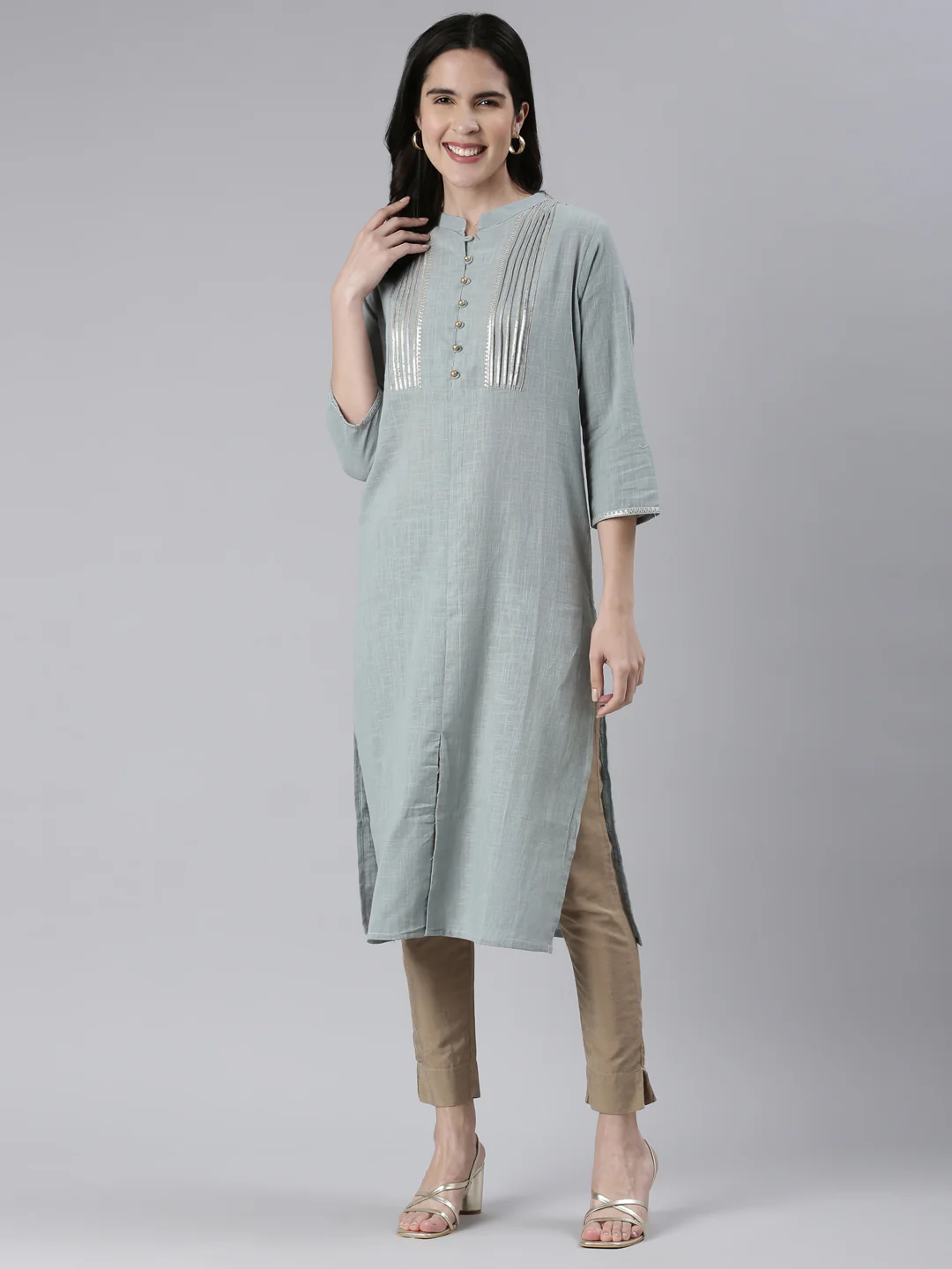 Neerus Blue Straight Solid Cotton Kurta - Image 5