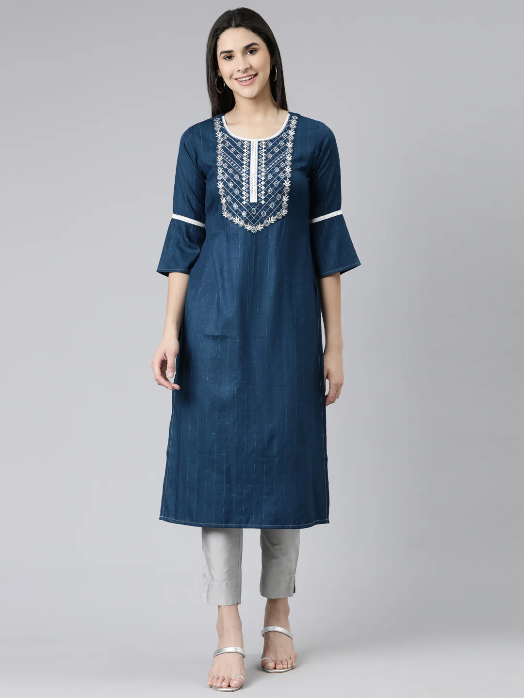Neerus Blue Straight Solid Cotton Kurta