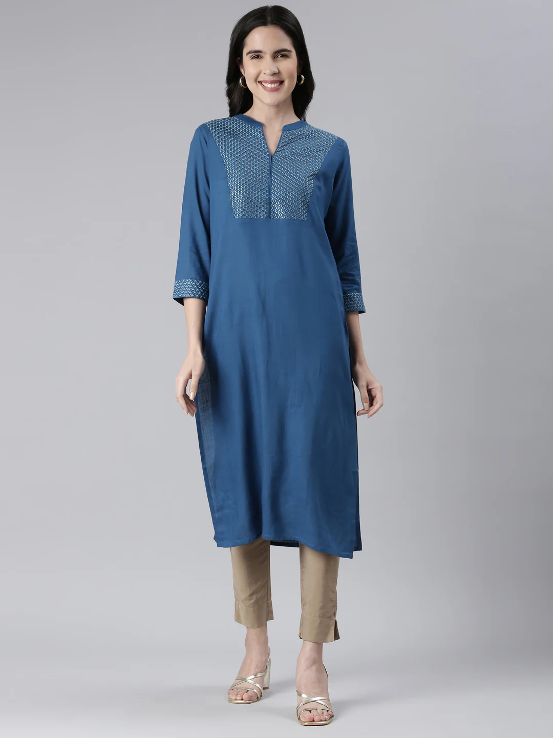 Neerus Blue Straight Solid Cotton Kurta