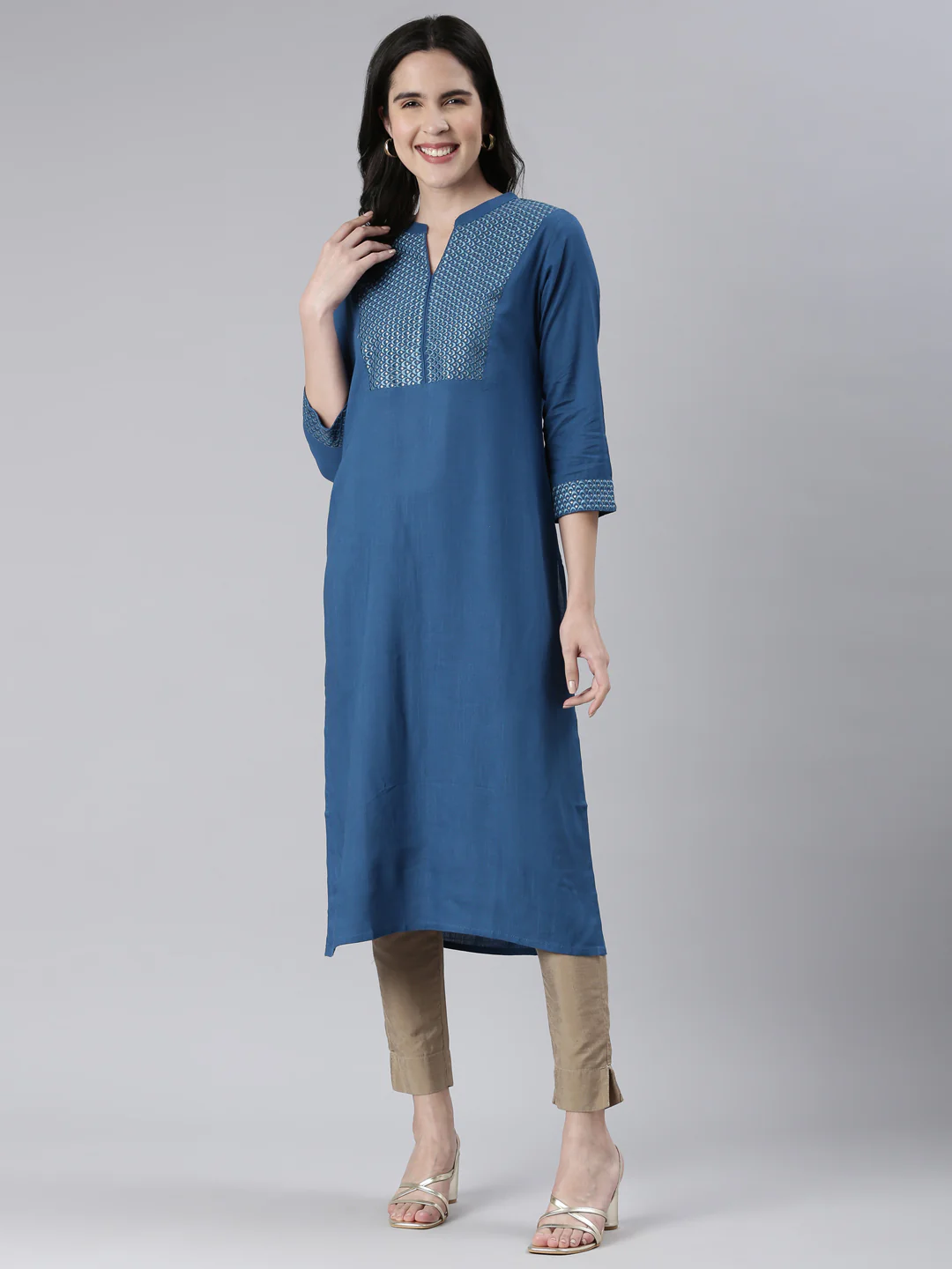 Neerus Blue Straight Solid Cotton Kurta - Image 5