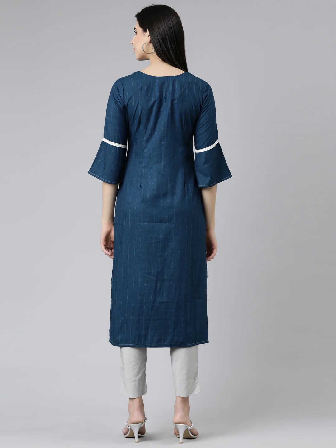 Neerus Blue Straight Solid Cotton Kurta - Image 3