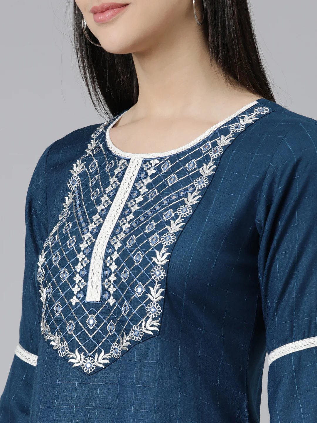 Neerus Blue Straight Solid Cotton Kurta - Image 4