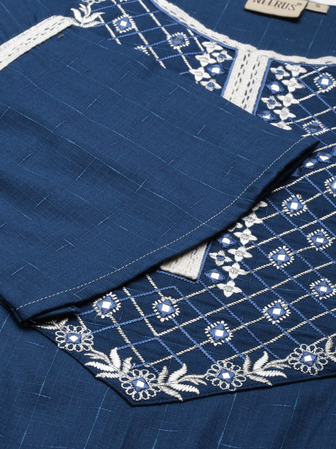Neerus Blue Straight Solid Cotton Kurta - Image 5