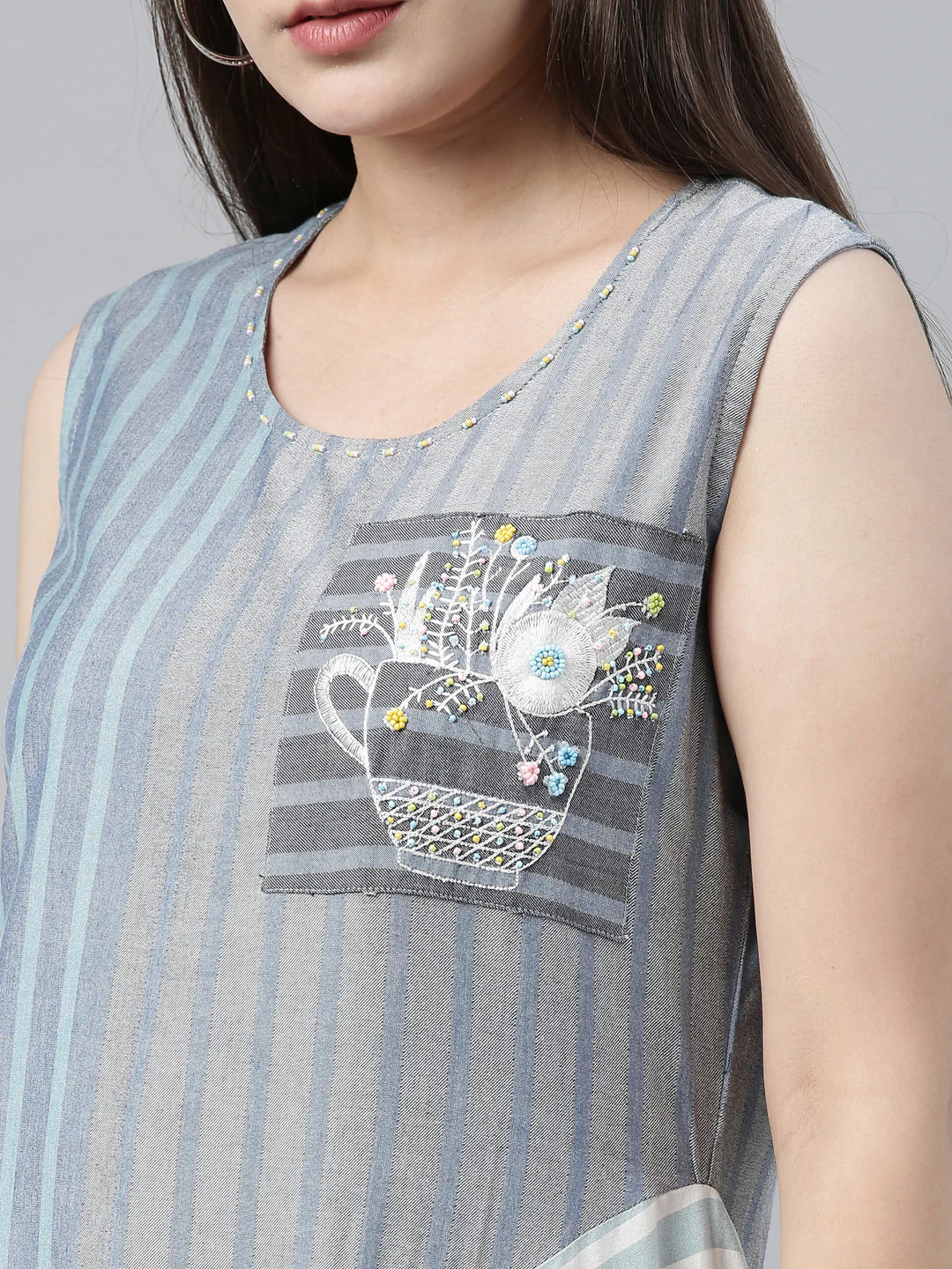Neerus Blue Striped Flared Kurta - Image 3