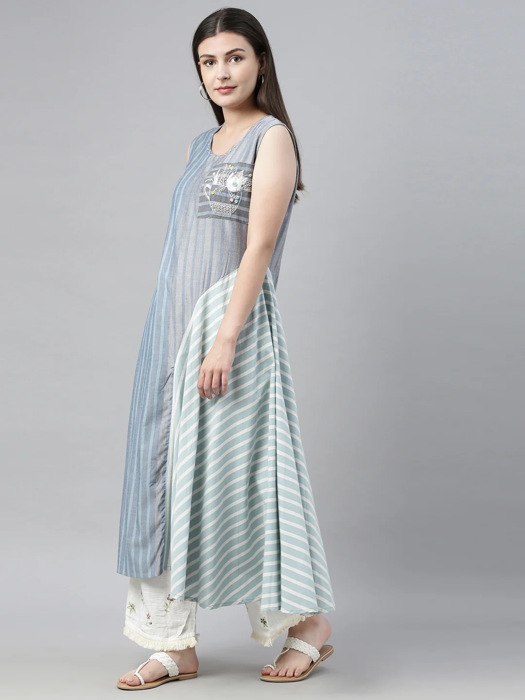 Neerus Blue Striped Flared Kurta - Image 4