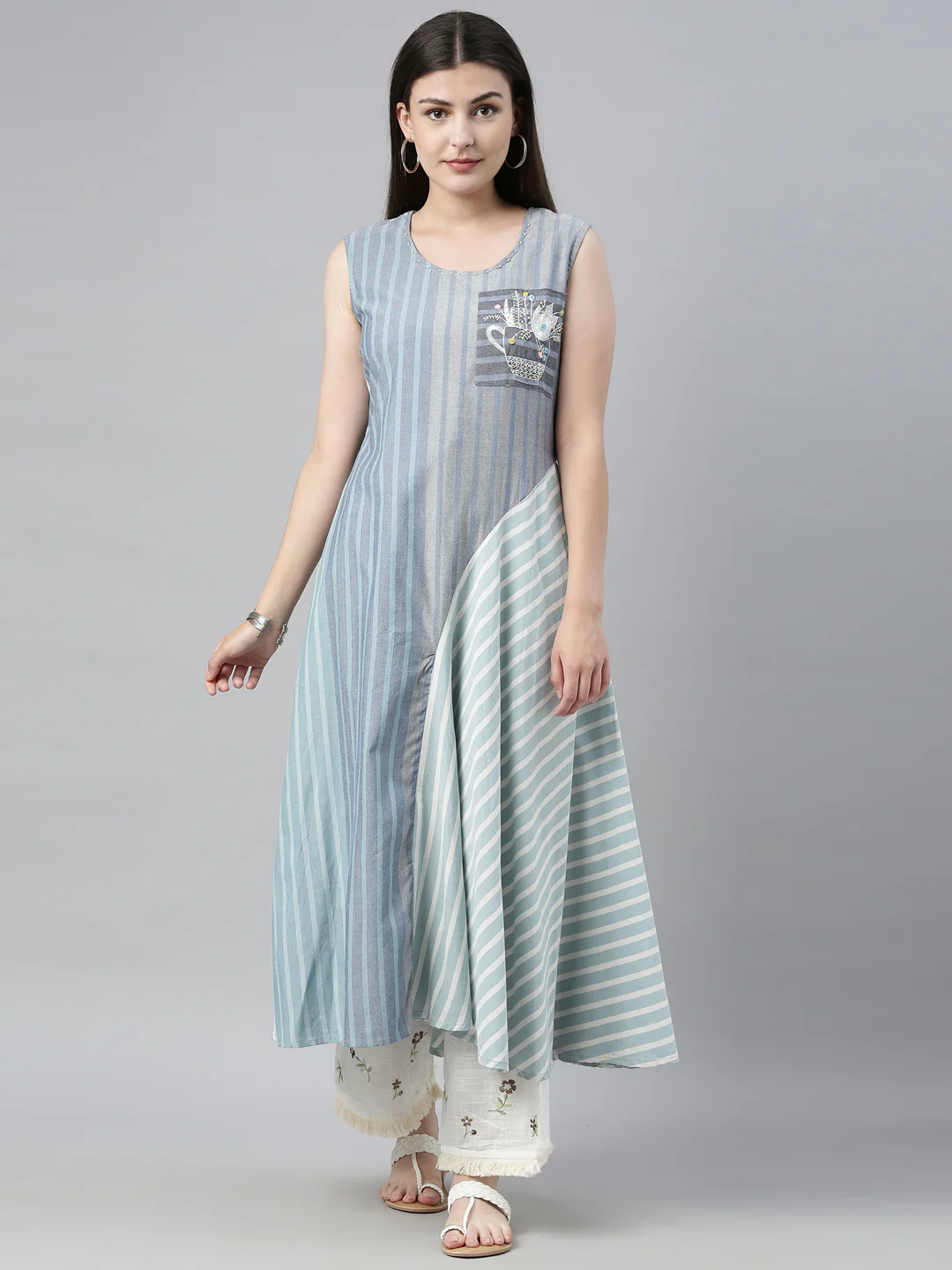Neerus Blue Striped Flared Kurta - Image 9
