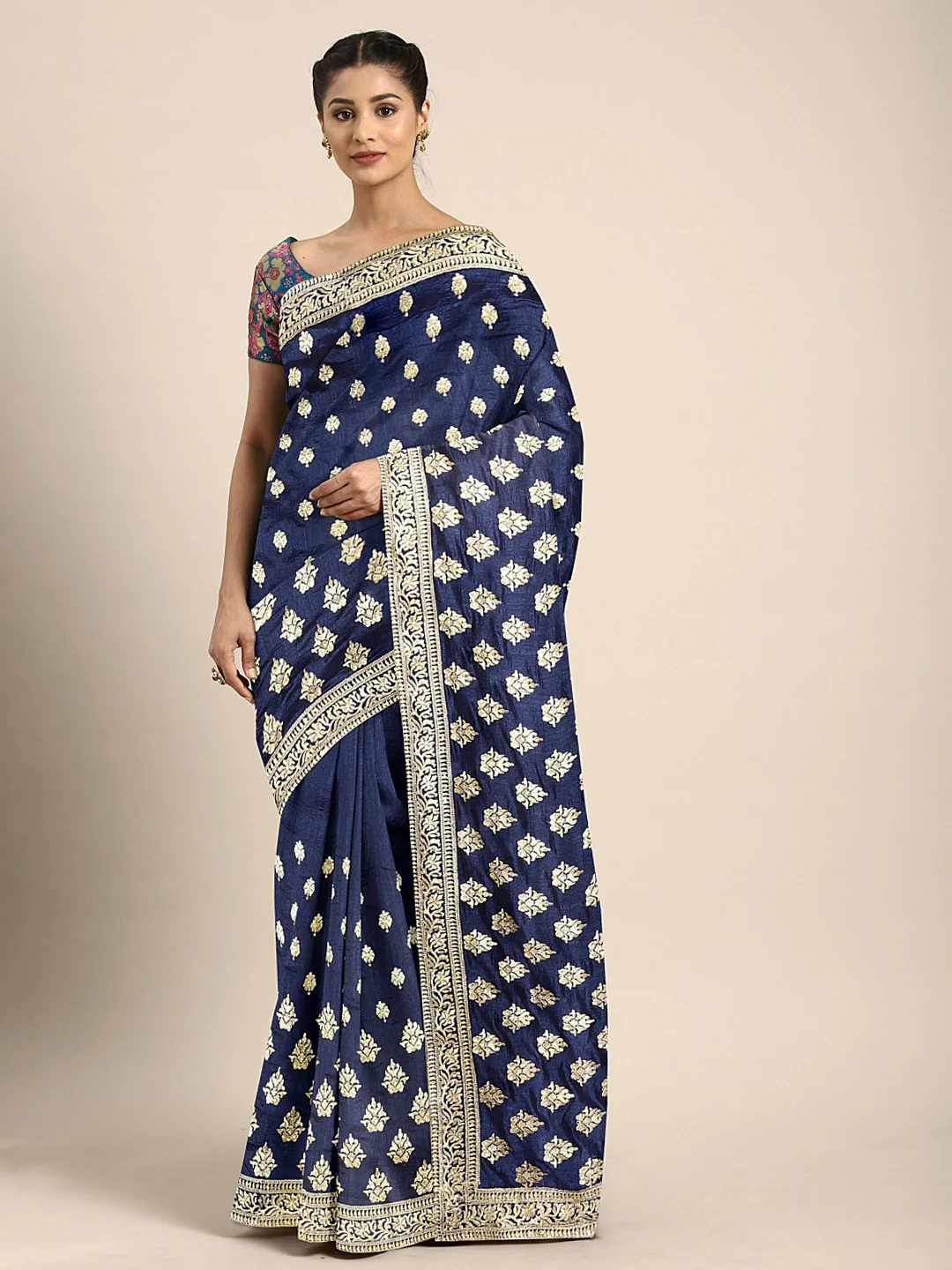 Neerus Blue Textured Saree With Blouse