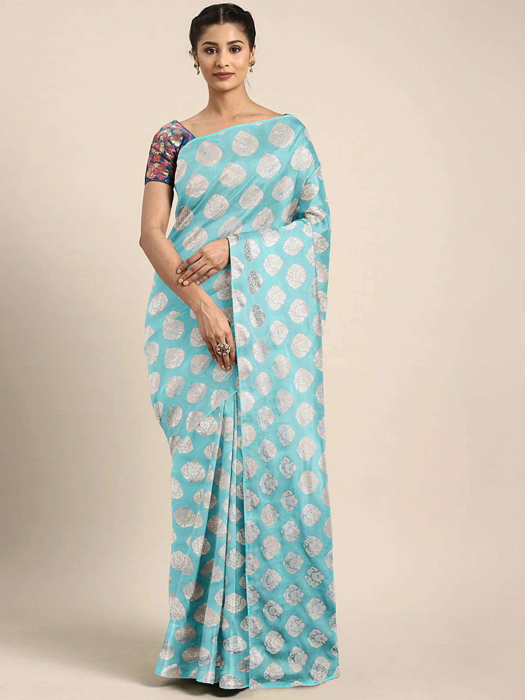 Neerus Blue Textured Saree With Blouse