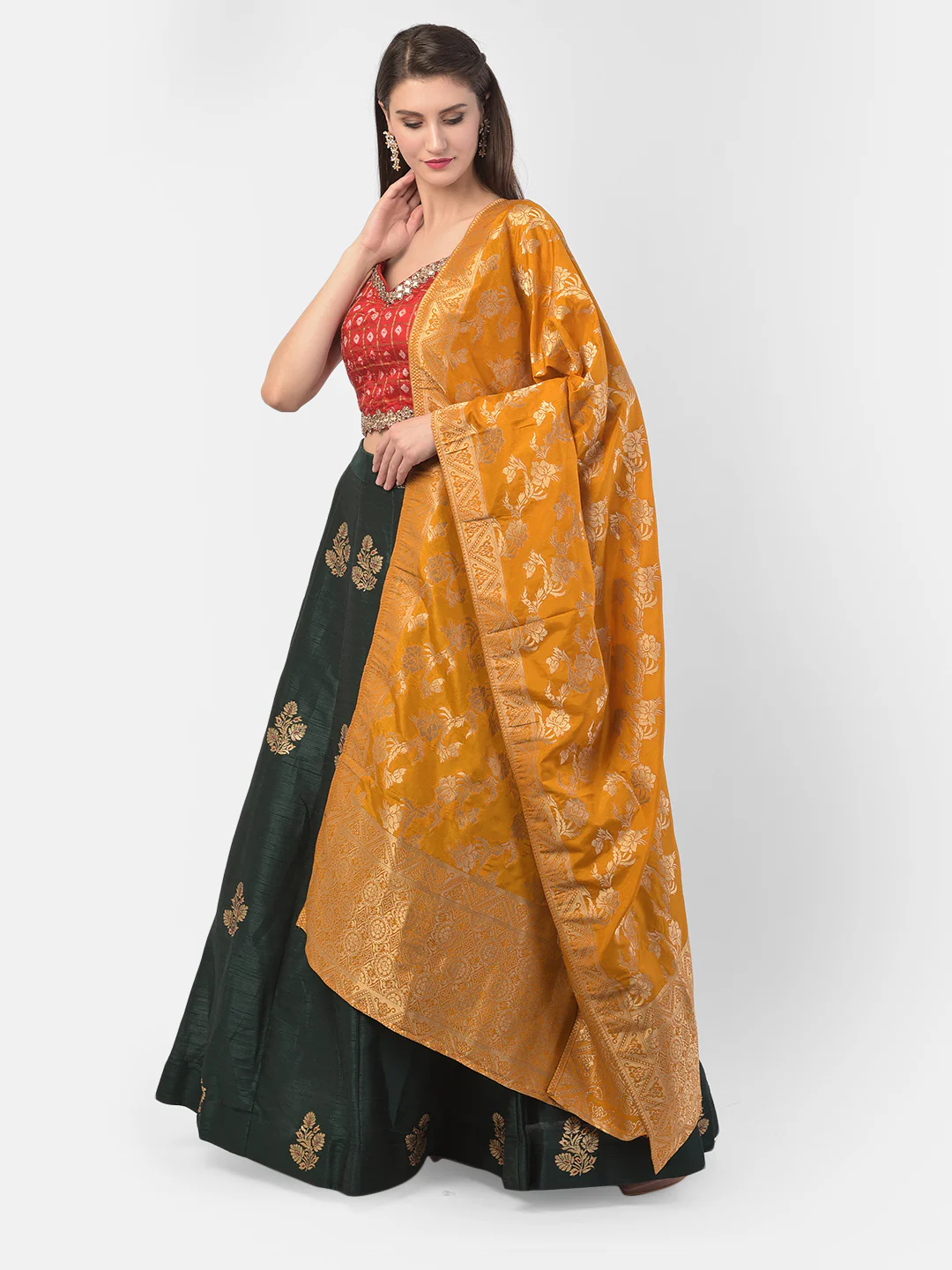 Neerus Bottle Green Color Banaras Fabric Ghagra Set