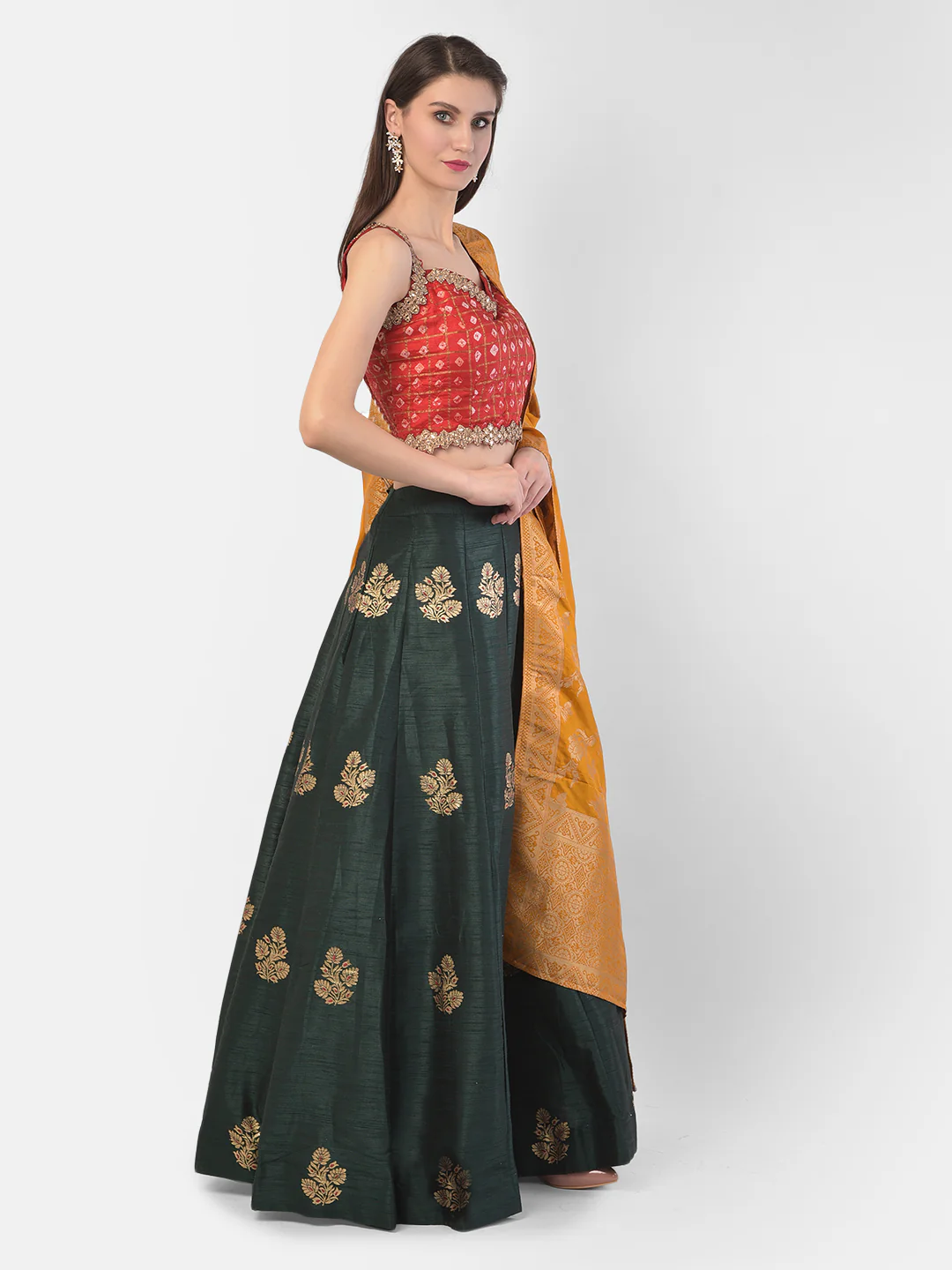 Neerus Bottle Green Color Banaras Fabric Ghagra Set - Image 2